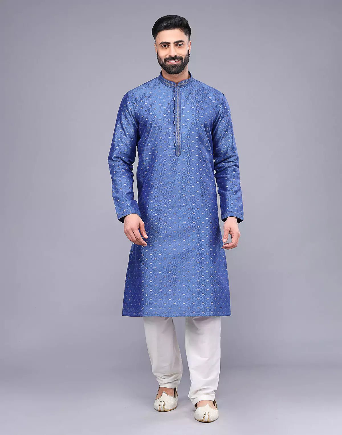 Image of Blue All Over Bootis and Self Weaving Soft Silk Kurta Set - South India Shopping Mall