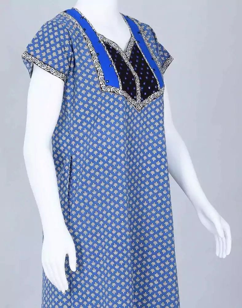 Image of Blue Block Print Cotton Printed Nighty - South India Shopping Mall
