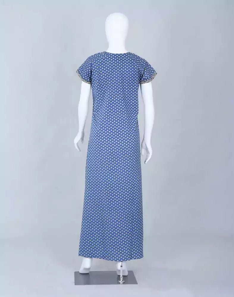 Image of Blue Block Print Cotton Printed Nighty - South India Shopping Mall