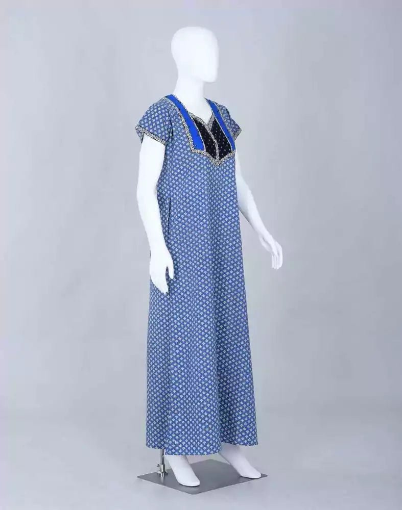 Image of Blue Block Print Cotton Printed Nighty - South India Shopping Mall