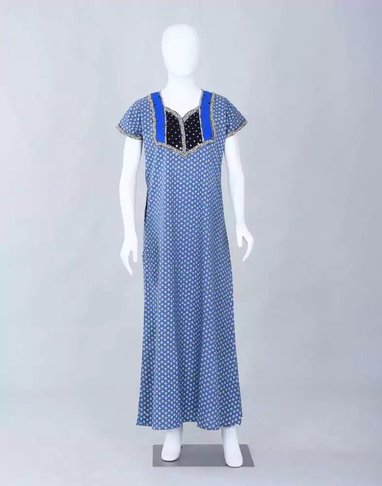 Image of Blue Block Print Cotton Printed Nighty - South India Shopping Mall