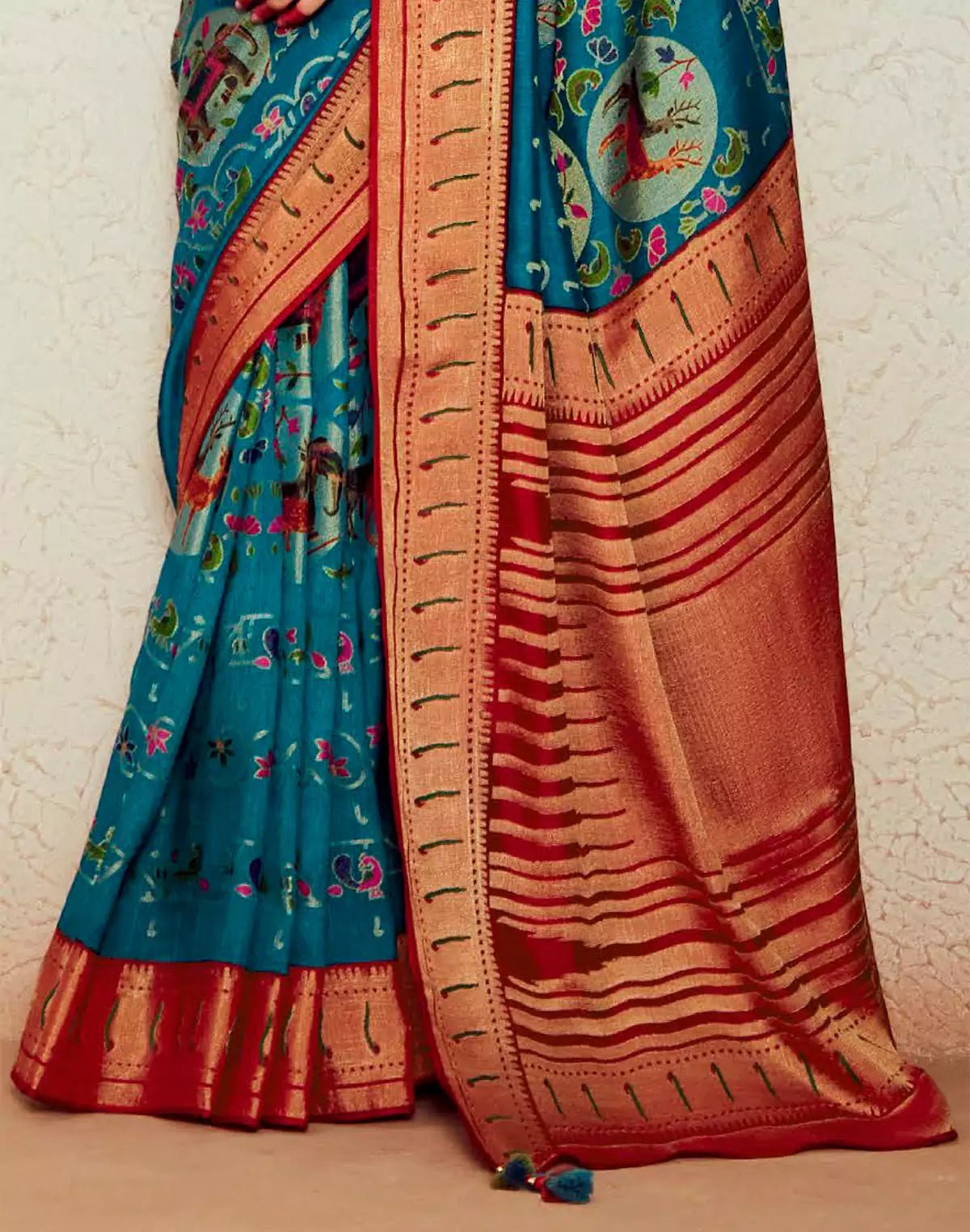 Image of Blue Brasso Silk Paithani Saree With Embroidered Blouse - South India Shopping Mall