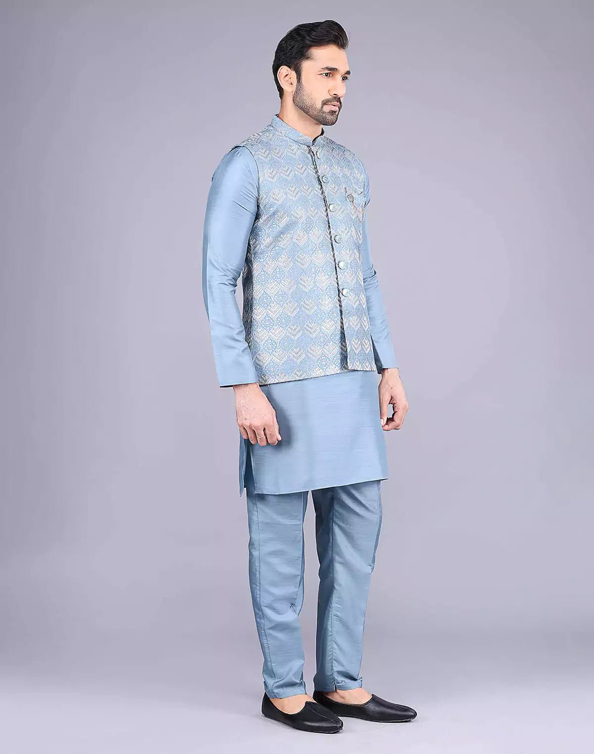 Image of Blue Color Sequence With Embroidery Work Kurta Jacket Set - South India Shopping Mall