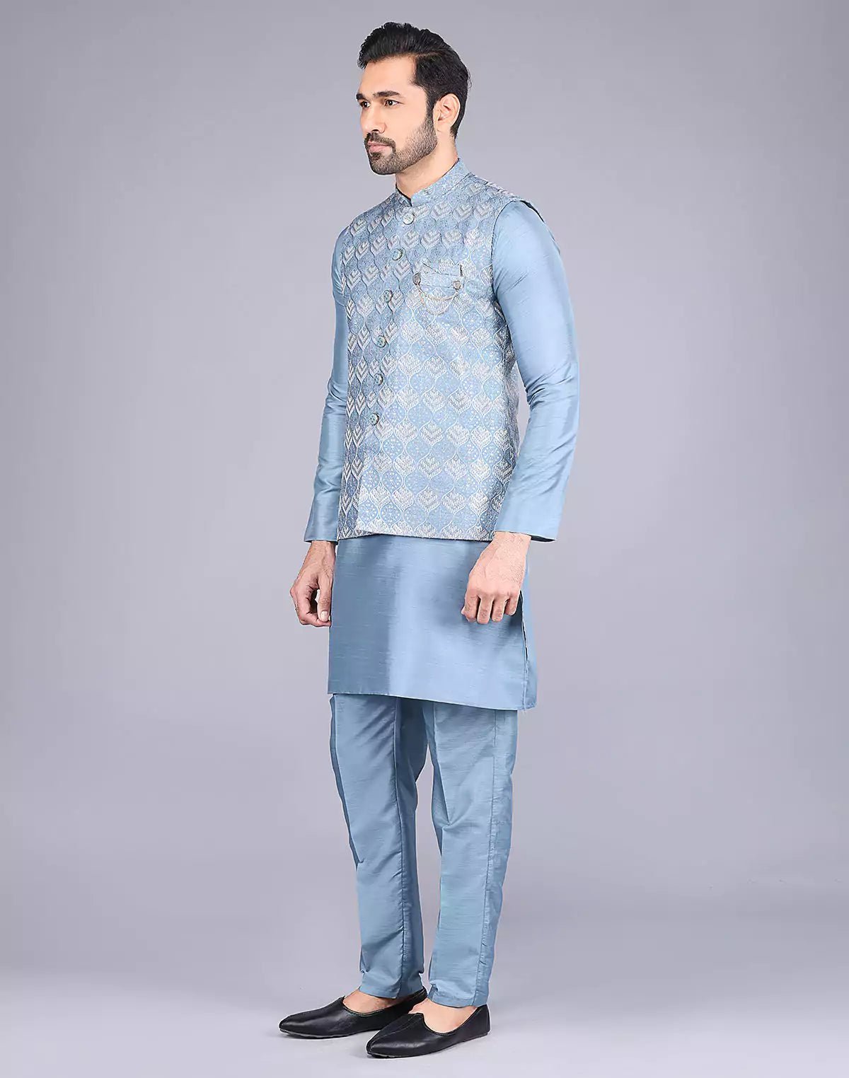 Image of Blue Color Sequence With Embroidery Work Kurta Jacket Set - South India Shopping Mall