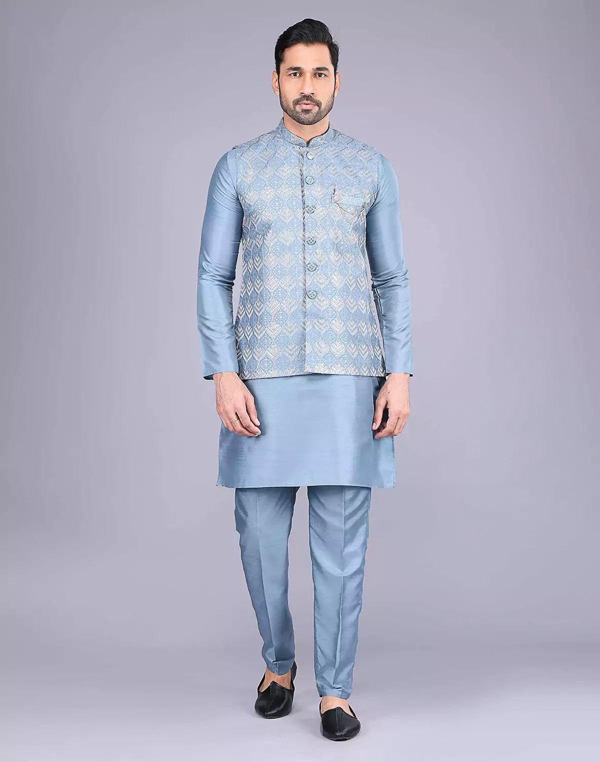Image of Blue Color Sequence With Embroidery Work Kurta Jacket Set - South India Shopping Mall