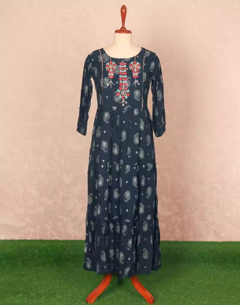 Image of Blue Coloured Paisley Print Rayon Kurti - South India Shopping Mall