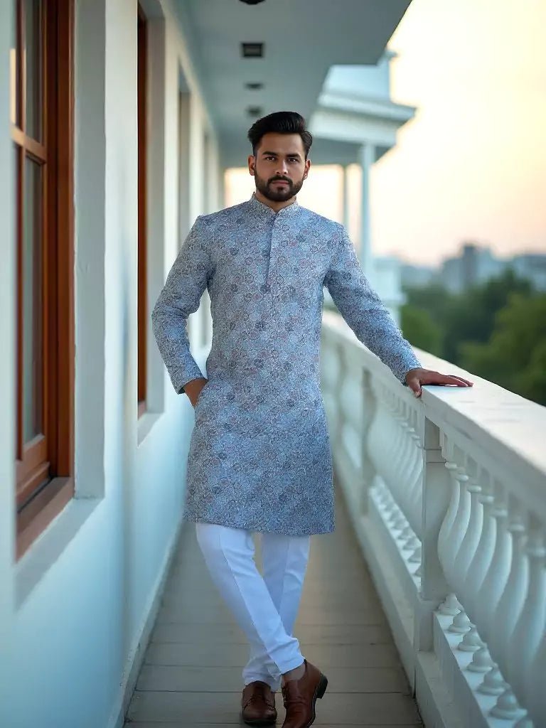 Image of Blue Ethnic Floral Motifs Cotton Silk Printed Kurta - South India Shopping Mall