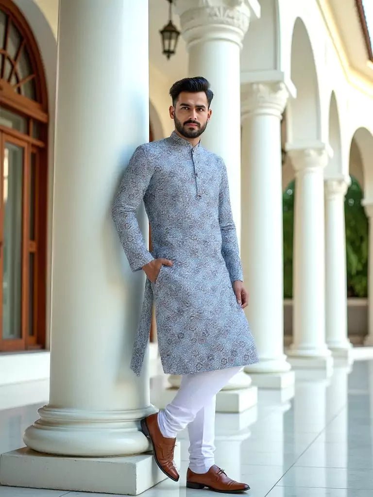 Image of Blue Ethnic Floral Motifs Cotton Silk Printed Kurta - South India Shopping Mall
