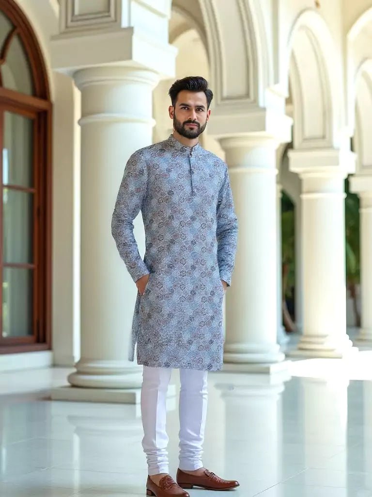 Image of Blue Ethnic Floral Motifs Cotton Silk Printed Kurta - South India Shopping Mall