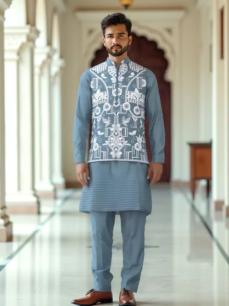 Image of Blue Floral Pattern Thread Work Giza Cotton Kurta Set - South India Shopping Mall