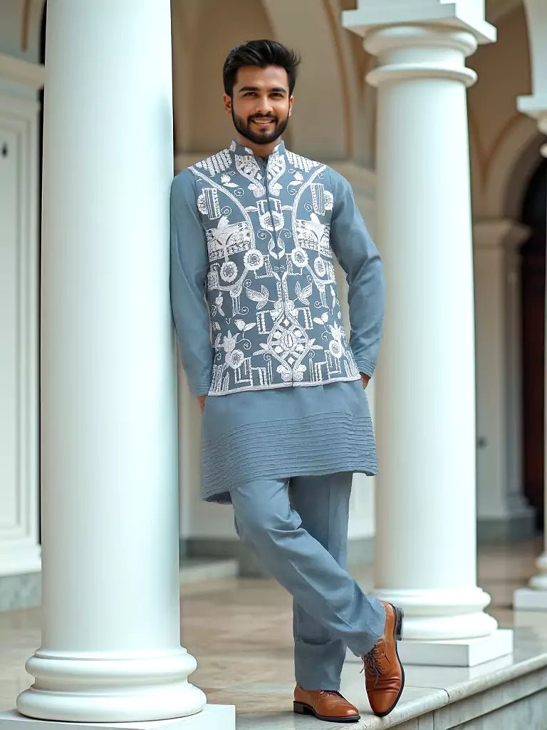 Image of Blue Floral Pattern Thread Work Giza Cotton Kurta Set - South India Shopping Mall