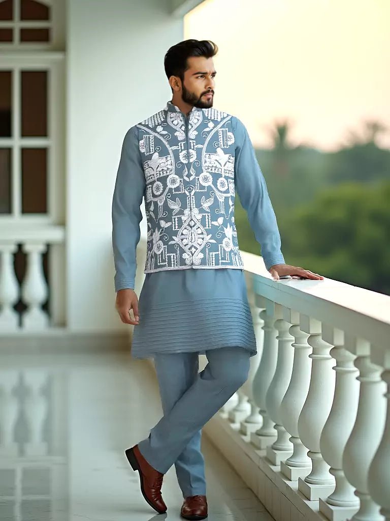 Image of Blue Floral Pattern Thread Work Giza Cotton Kurta Set - South India Shopping Mall