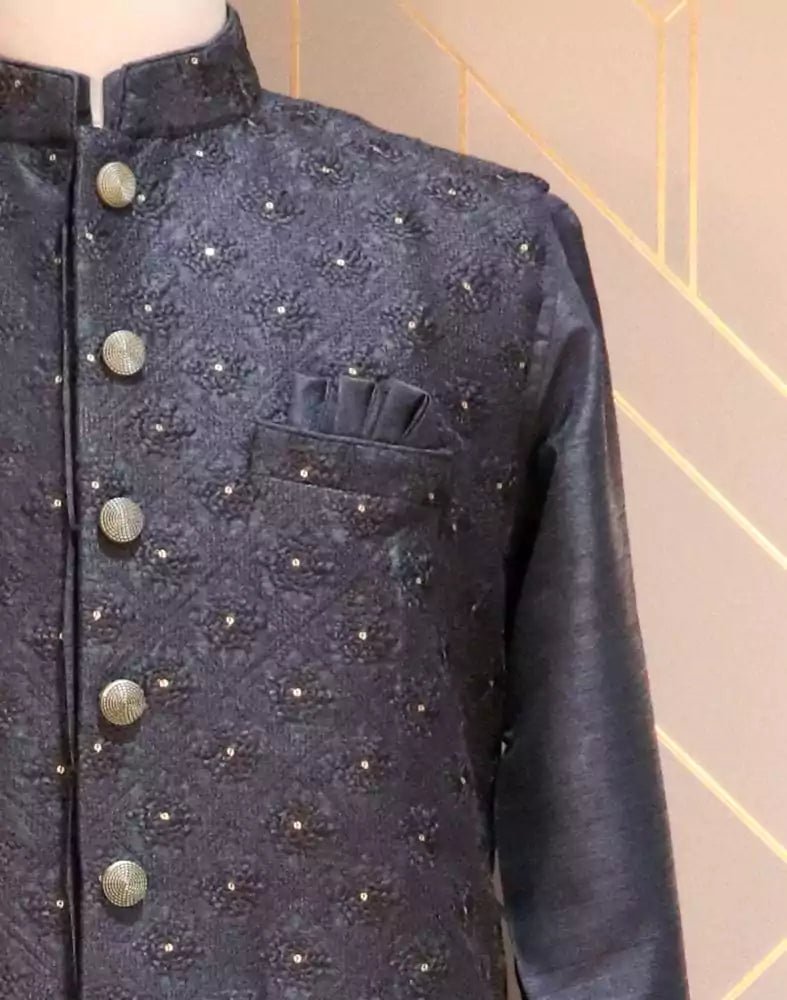 Image of Blue Floral Raw Silk Kurta Jacket Set with Chikankari Work - South India Shopping Mall