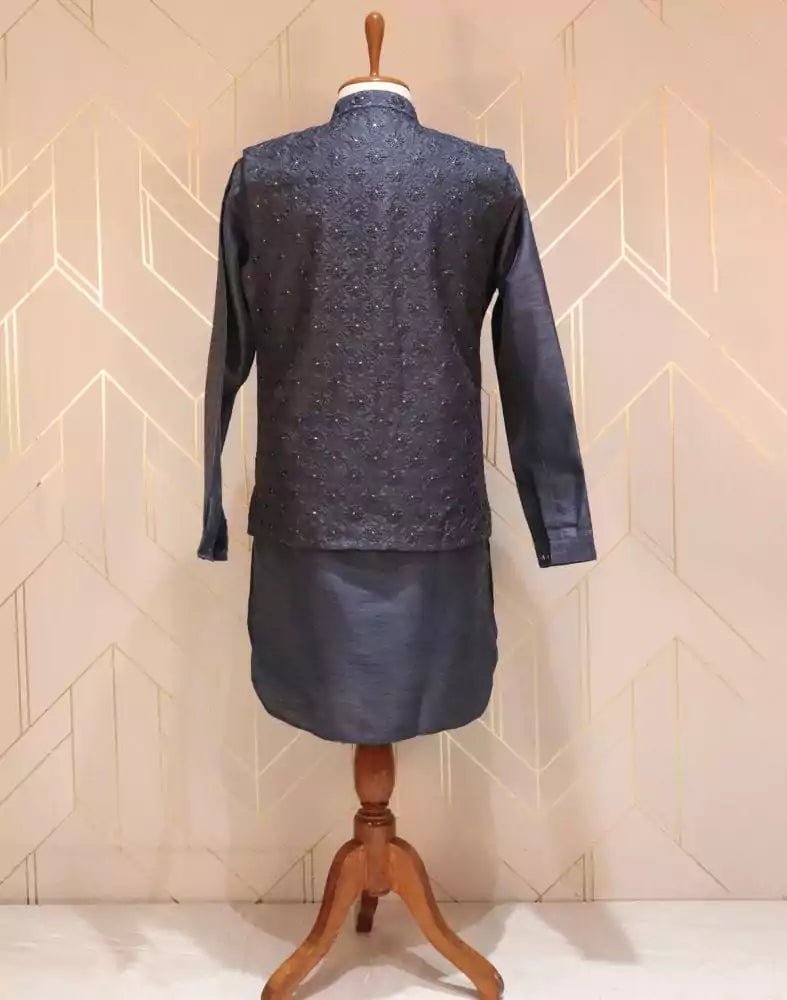 Image of Blue Floral Raw Silk Kurta Jacket Set with Chikankari Work - South India Shopping Mall