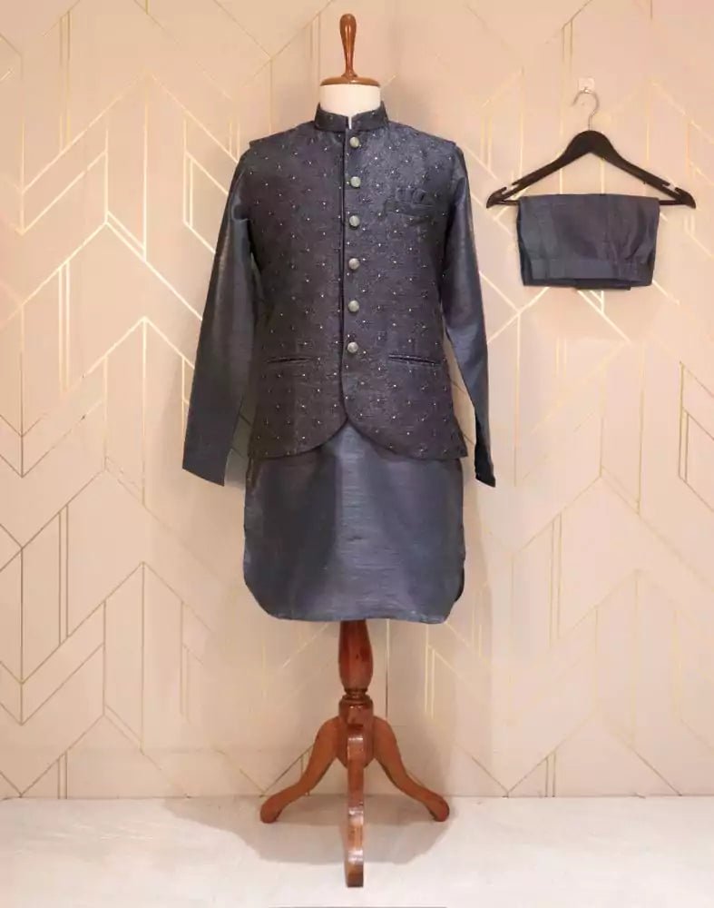 Image of Blue Floral Raw Silk Kurta Jacket Set with Chikankari Work - South India Shopping Mall