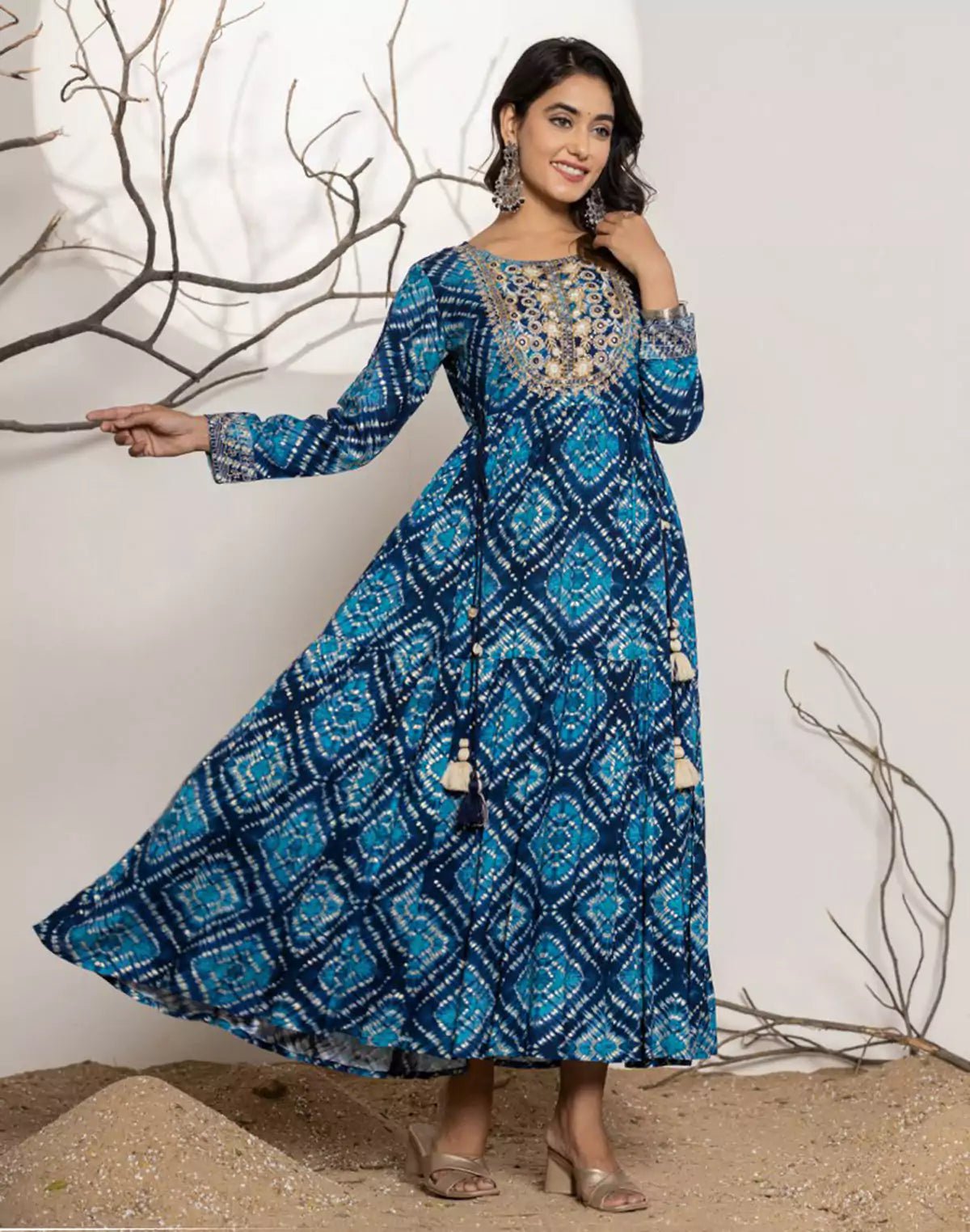Image of Blue Graphic Print Rayon Flary Kurti - South India Shopping Mall