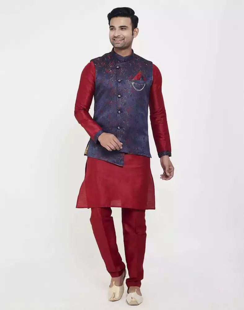 Blue Jacquard Cross Pattern Kurta Set - South India Shopping Mall