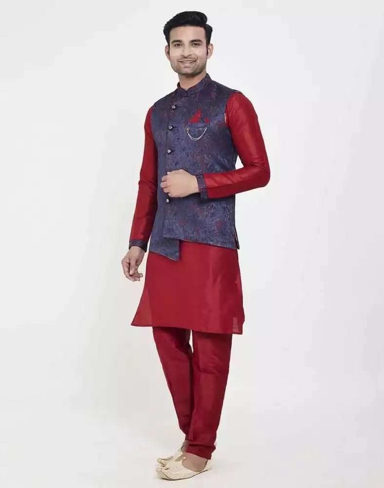 Image of Blue Jacquard Cross Pattern Kurta Set - South India Shopping Mall