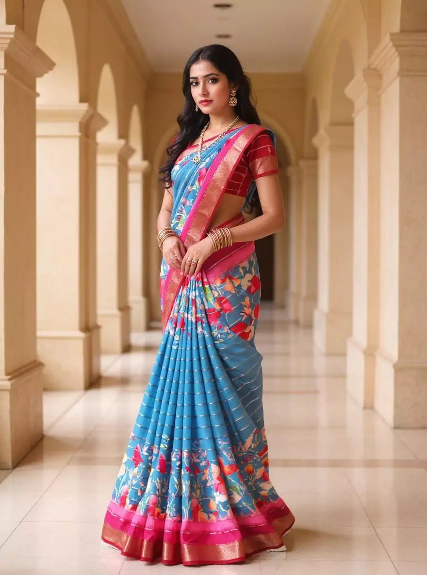 Image of Blue Mangalagiri Dola Silk Floral Print Contrast Saree - South India Shopping Mall