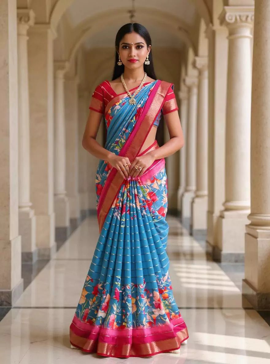 Image of Blue Mangalagiri Dola Silk Floral Print Contrast Saree - South India Shopping Mall