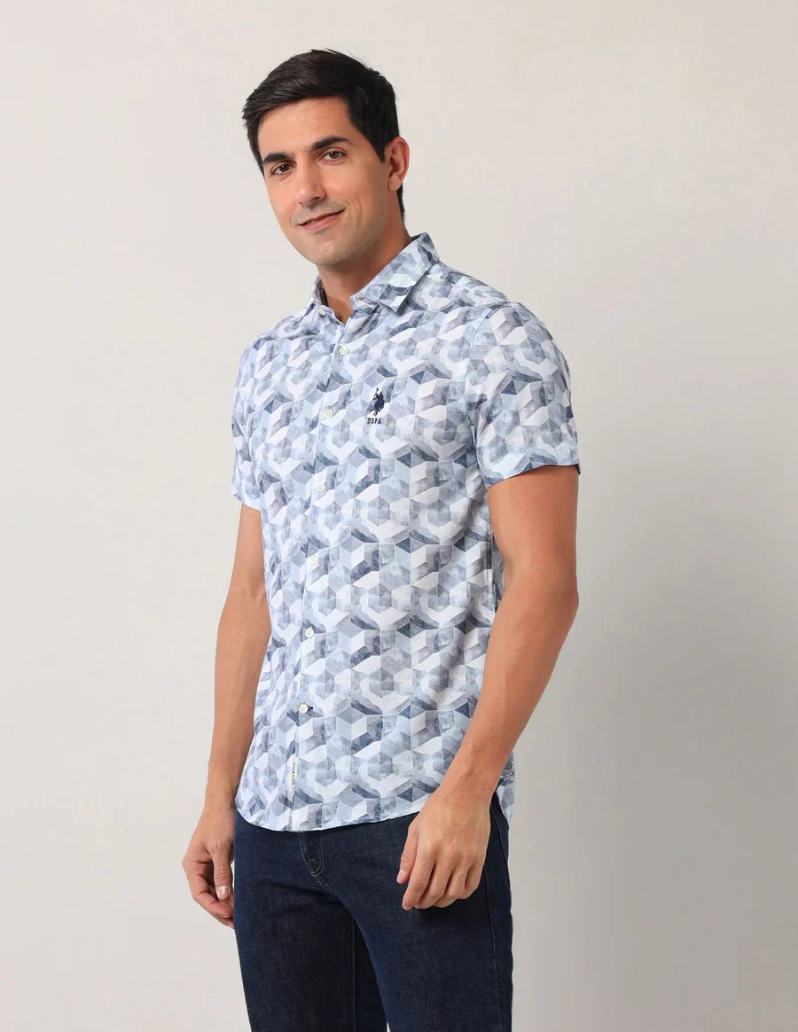 Image of Blue Men's Cotton Half Sleeve Printed Fashion Shirt - South India Shopping Mall