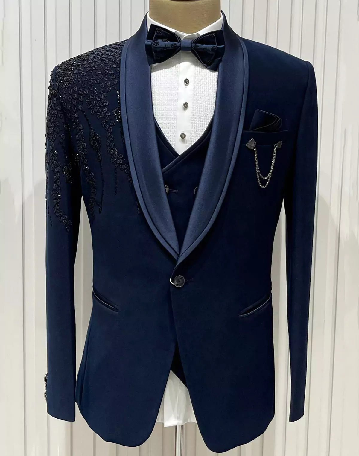 Image of Blue Plain Cutdana work Polynosic Party Wear 5 Pc Suit - South India Shopping Mall