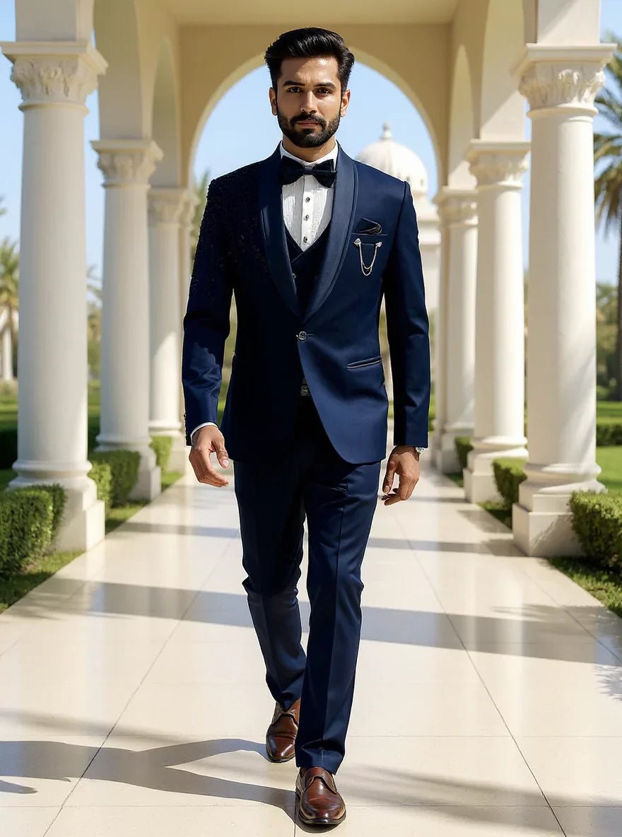 Image of Blue Plain Cutdana work Polynosic Party Wear 5 Pc Suit - South India Shopping Mall