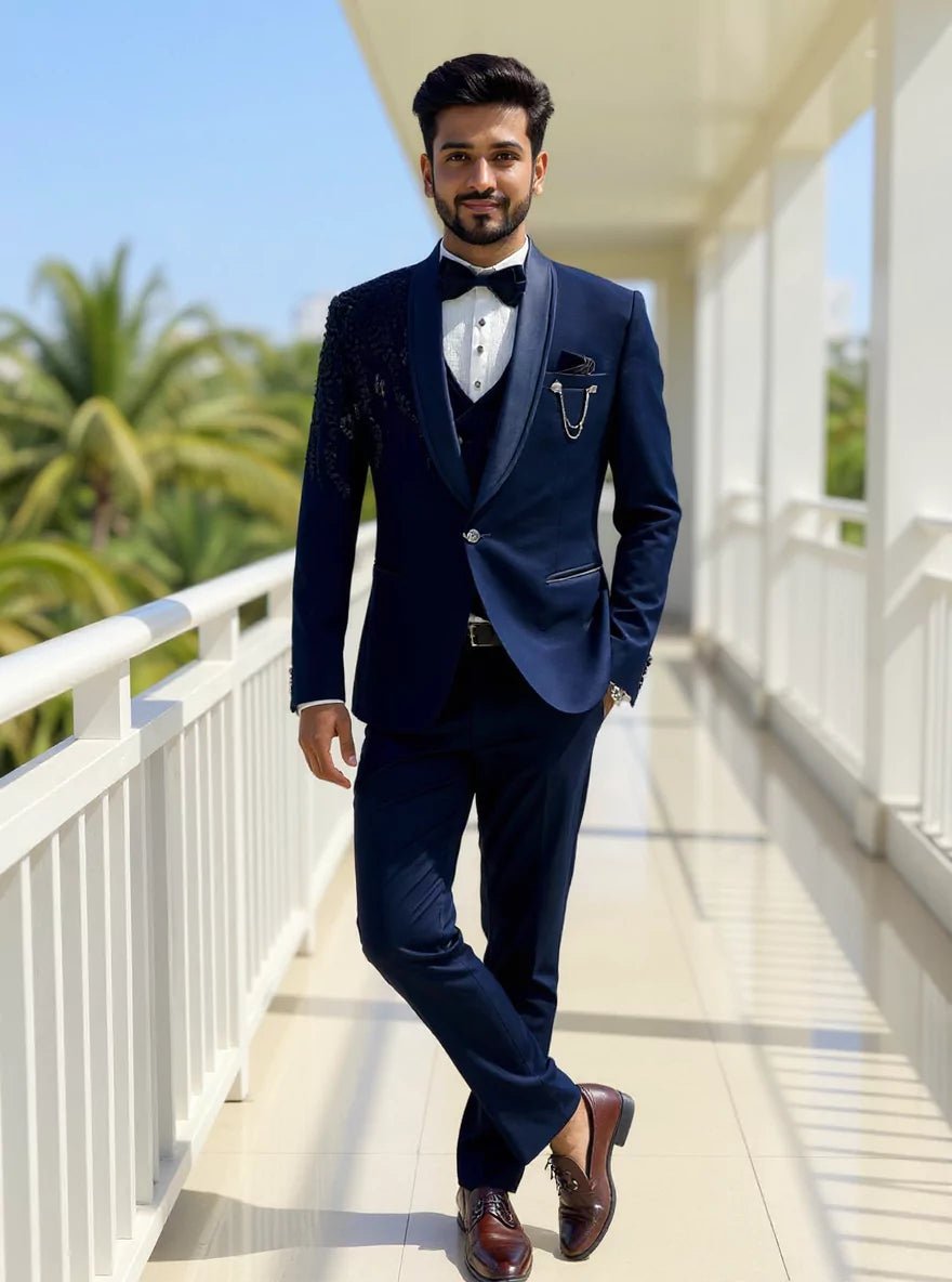 Image of Blue Plain Cutdana work Polynosic Party Wear 5 Pc Suit - South India Shopping Mall