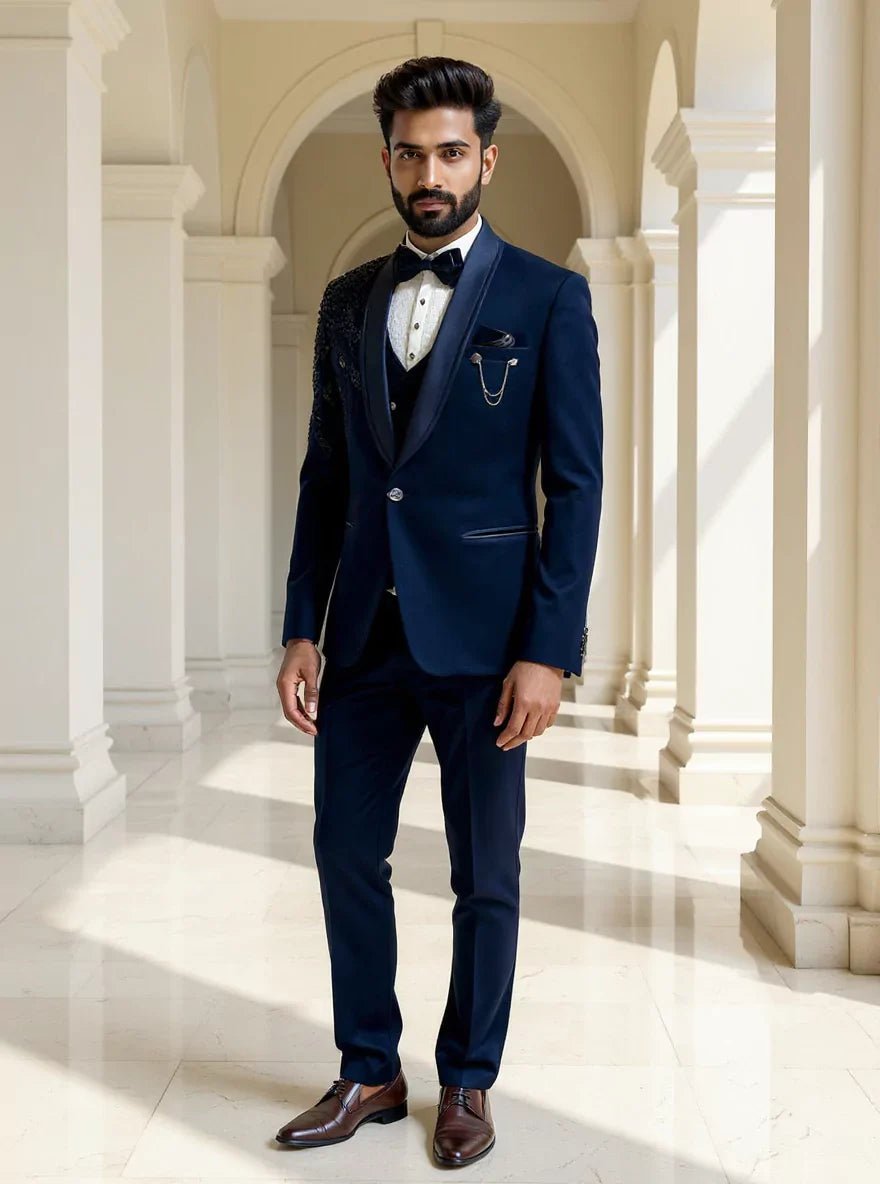 Image of Blue Plain Cutdana work Polynosic Party Wear 5 Pc Suit - South India Shopping Mall