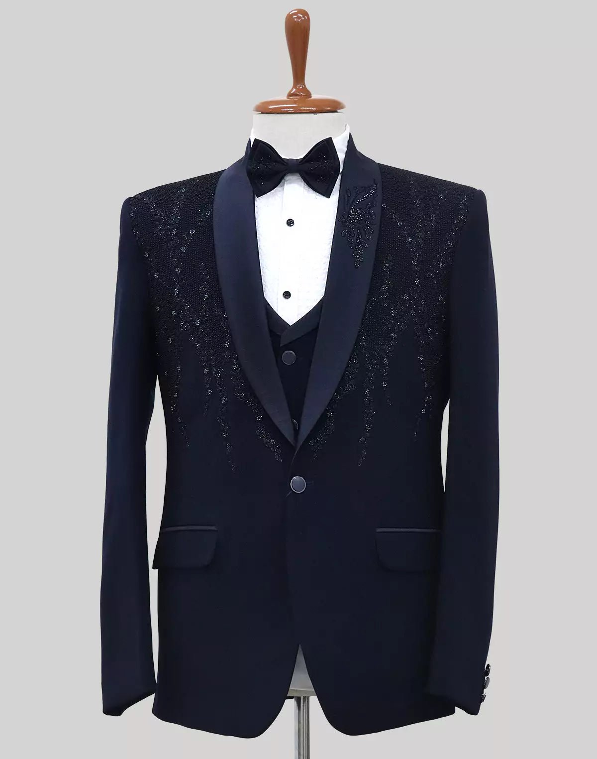 Image of Blue Polynosic Tuxido Suit with Pearls and Beads Work - South India Shopping Mall