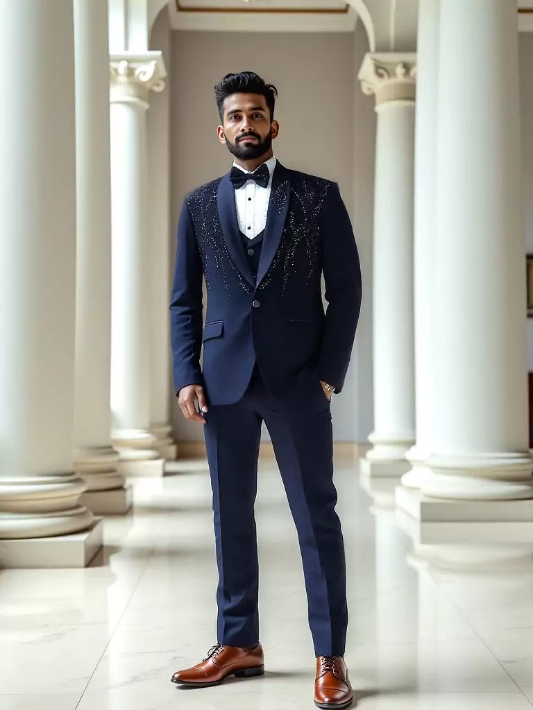 Image of Blue Polynosic Tuxido Suit with Pearls and Beads Work - South India Shopping Mall