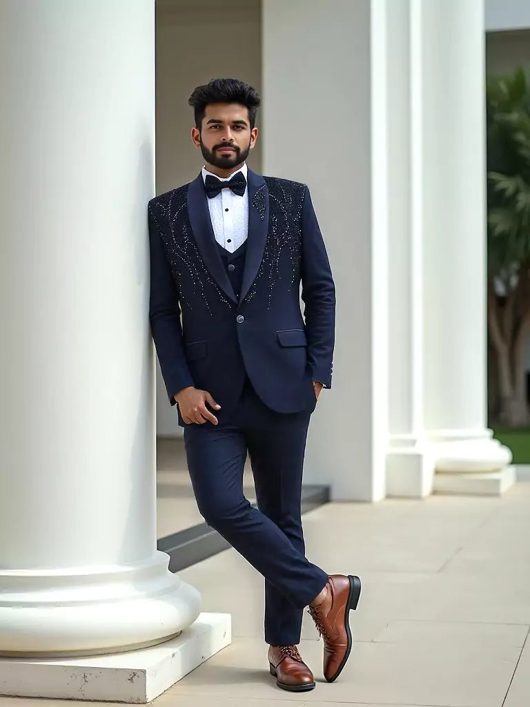 Image of Blue Polynosic Tuxido Suit with Pearls and Beads Work - South India Shopping Mall