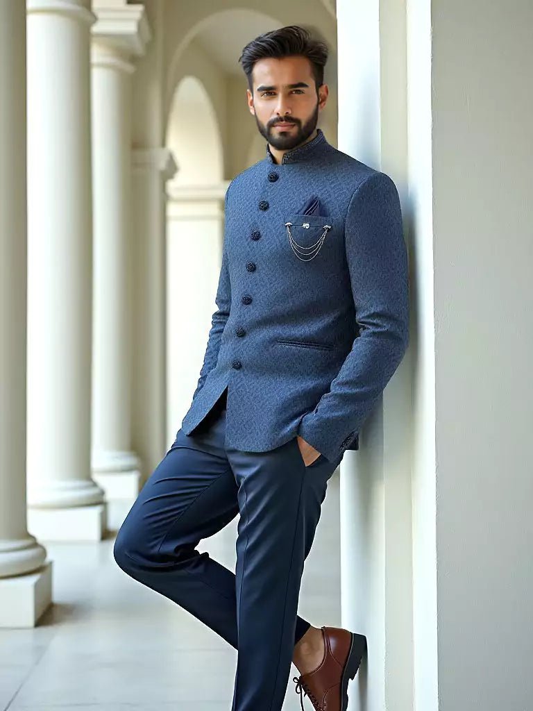 Image of Blue Self Floral Design Jacquard Bandhgala Set - South India Shopping Mall