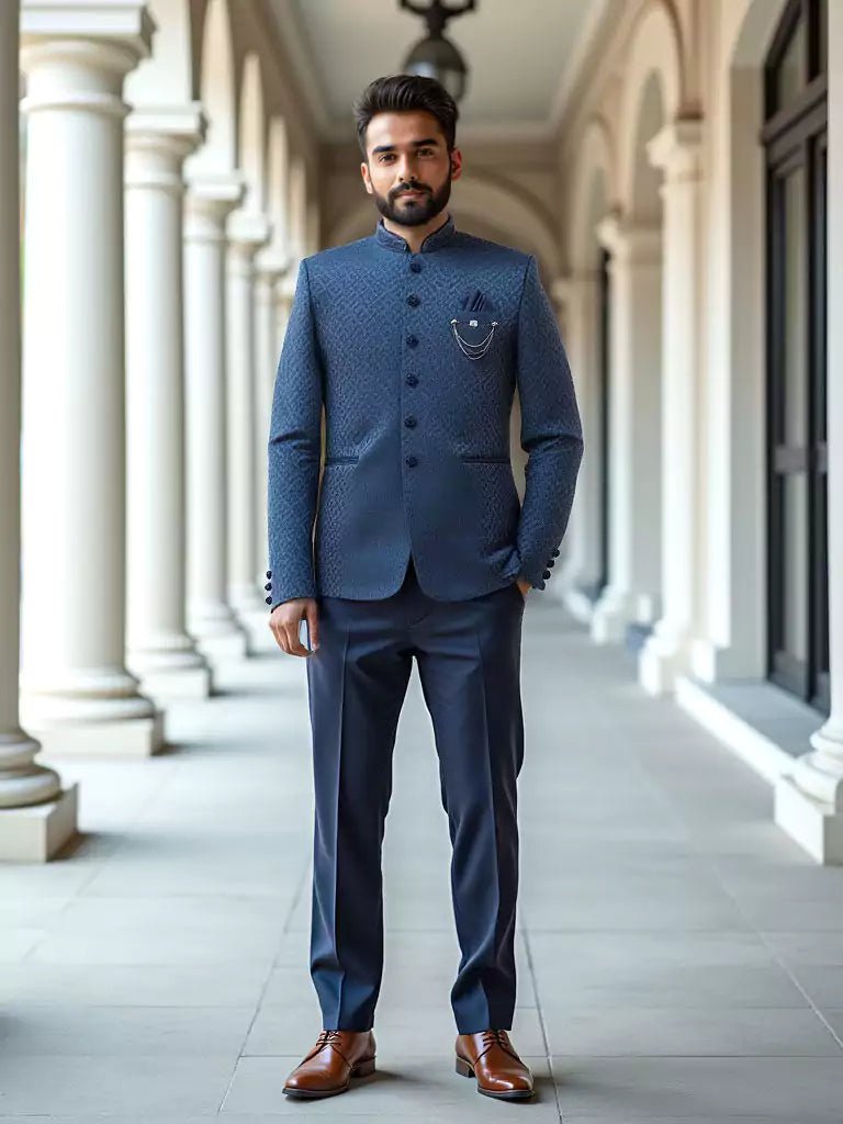 Image of Blue Self Floral Design Jacquard Bandhgala Set - South India Shopping Mall