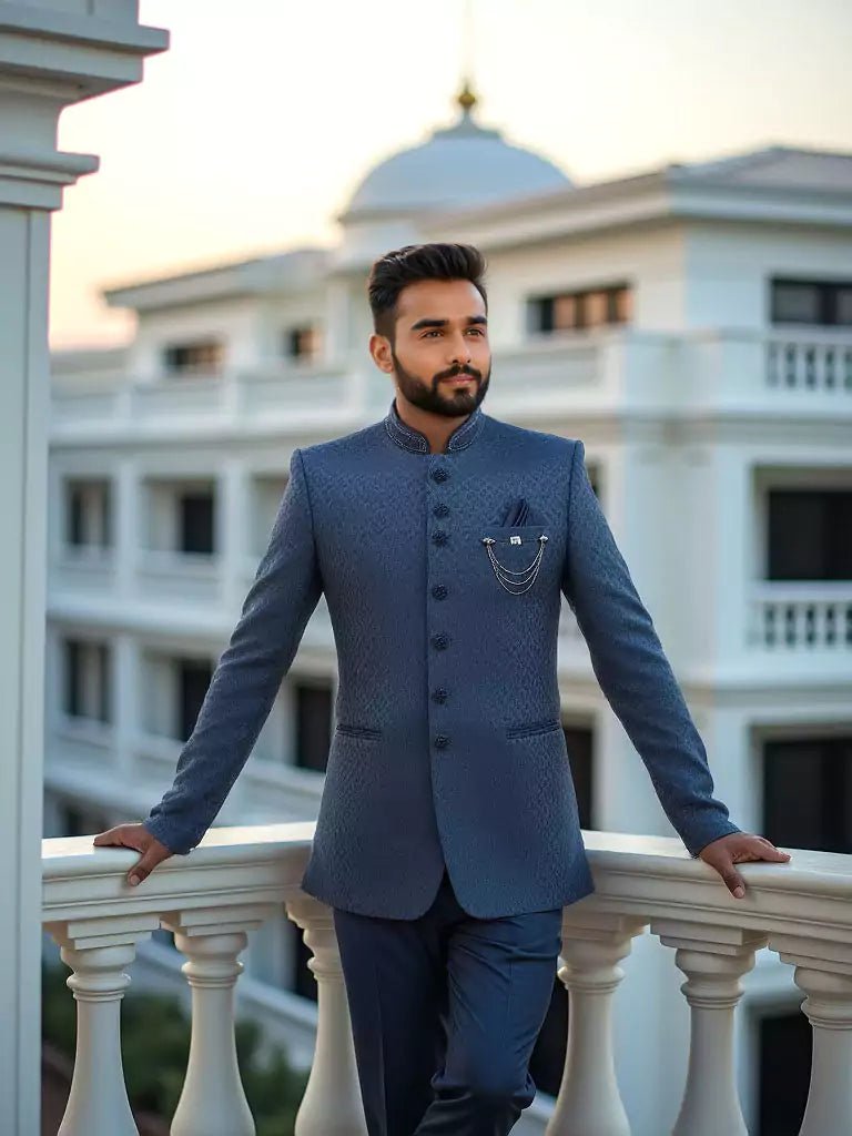 Image of Blue Self Floral Design Jacquard Bandhgala Set - South India Shopping Mall