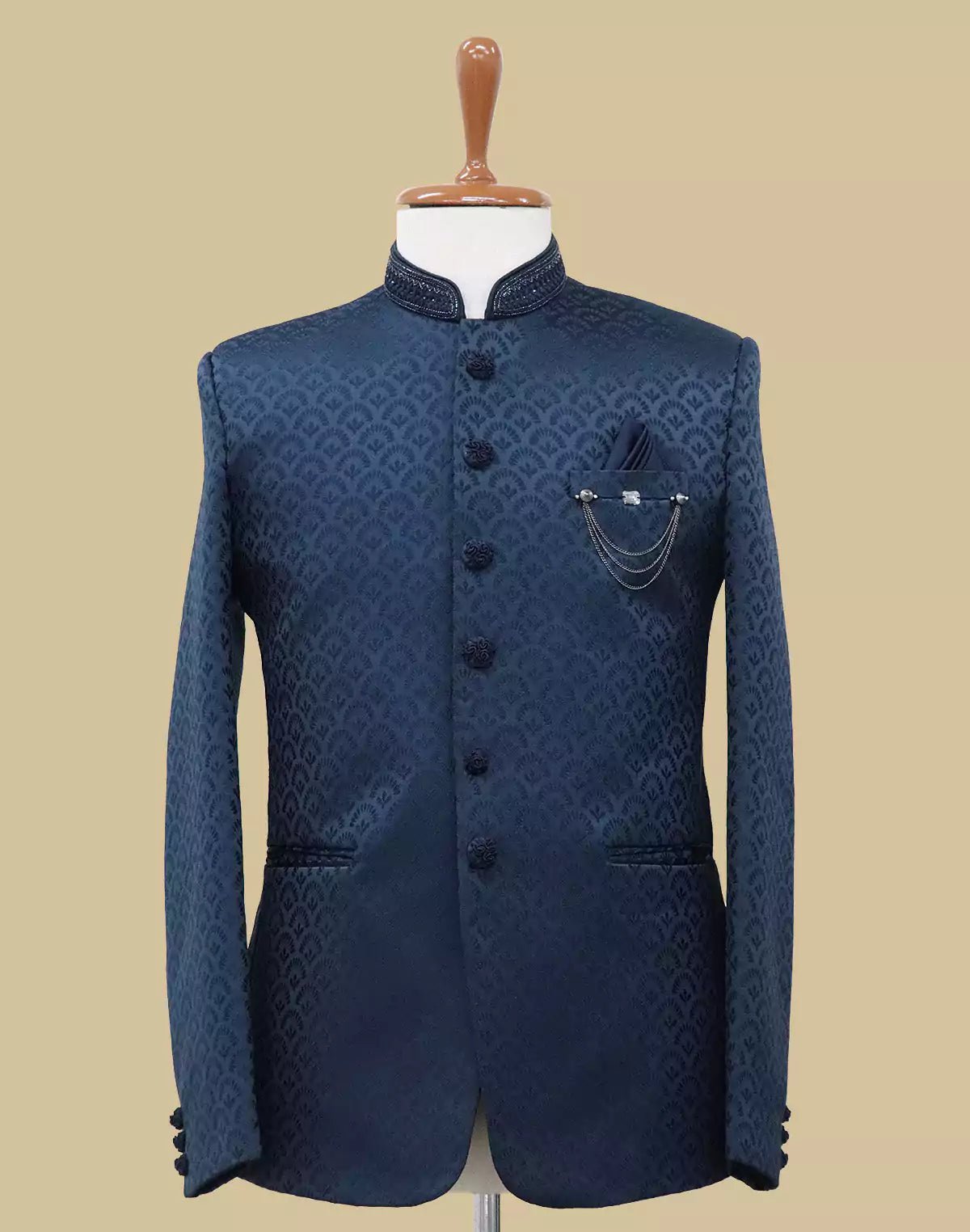 Image of Blue Self Floral Design Jacquard Bandhgala Set - South India Shopping Mall