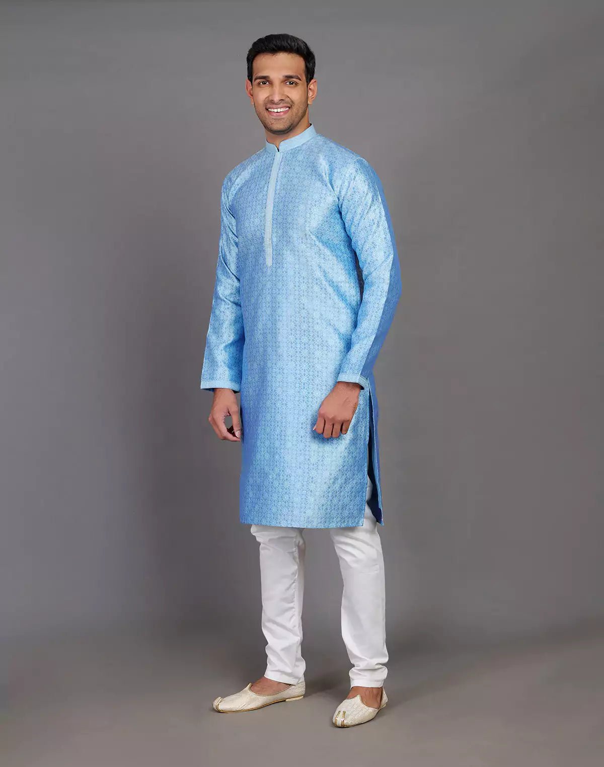 Image of Blue Self Floral Design Soft Silk Kurta Pajama Set - South India Shopping Mall