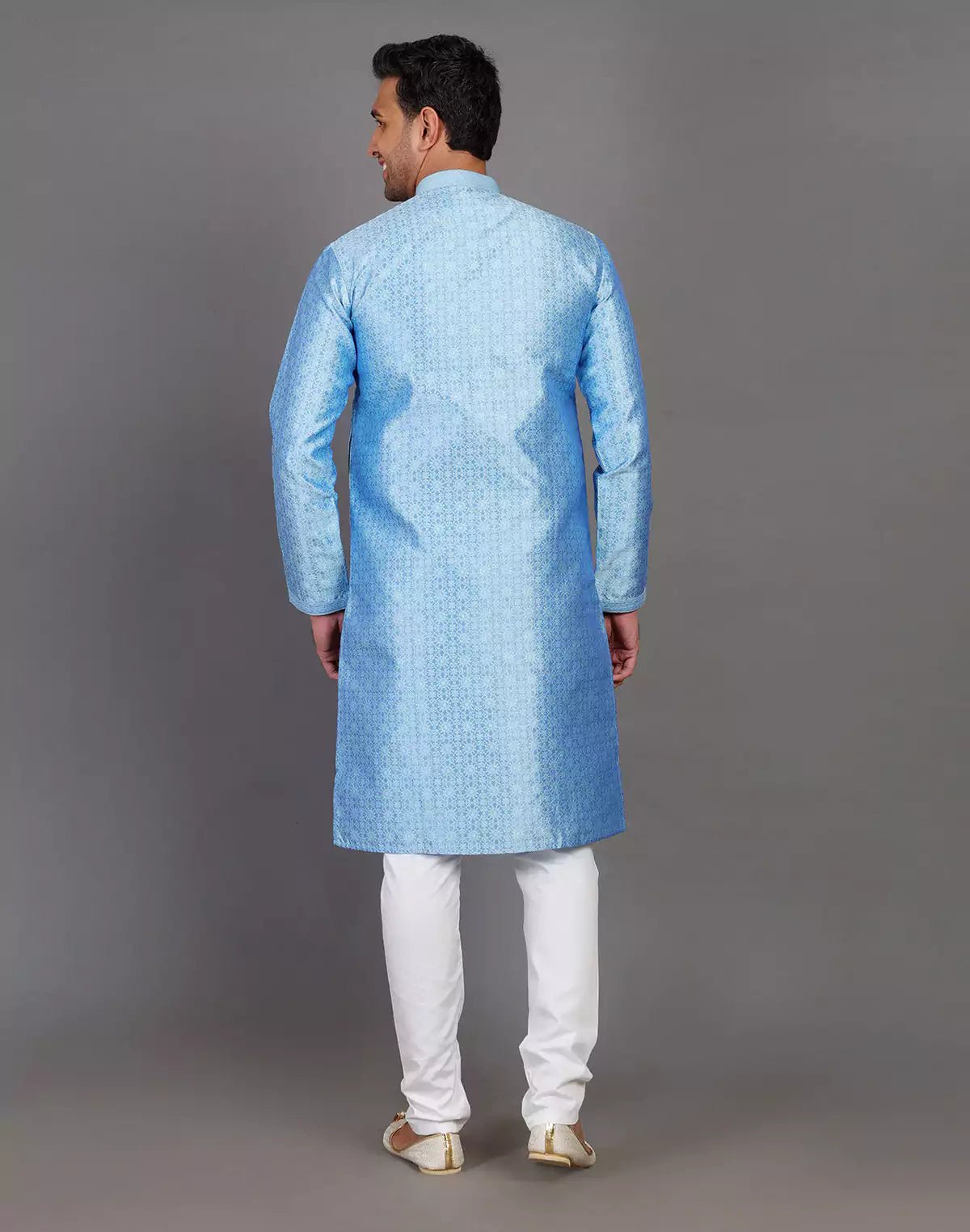 Image of Blue Self Floral Design Soft Silk Kurta Pajama Set - South India Shopping Mall