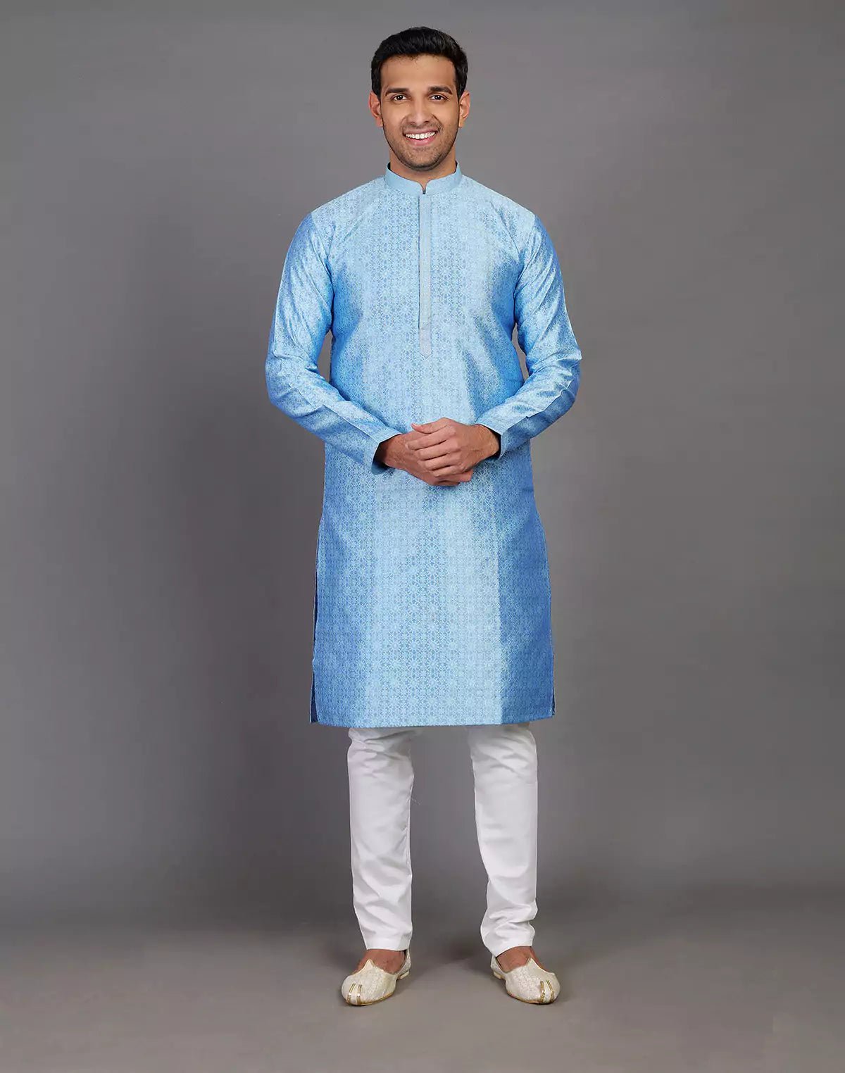Image of Blue Self Floral Design Soft Silk Kurta Pajama Set - South India Shopping Mall