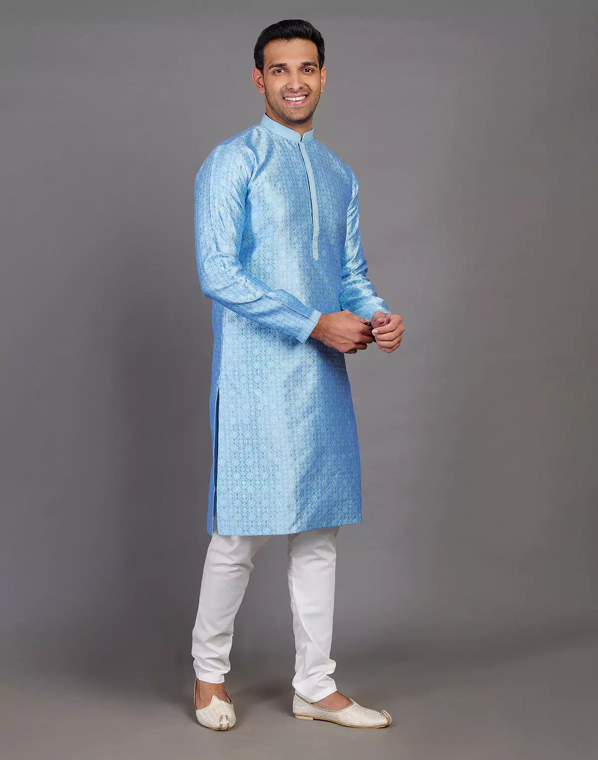 Image of Blue Self Floral Design Soft Silk Kurta Pajama Set - South India Shopping Mall