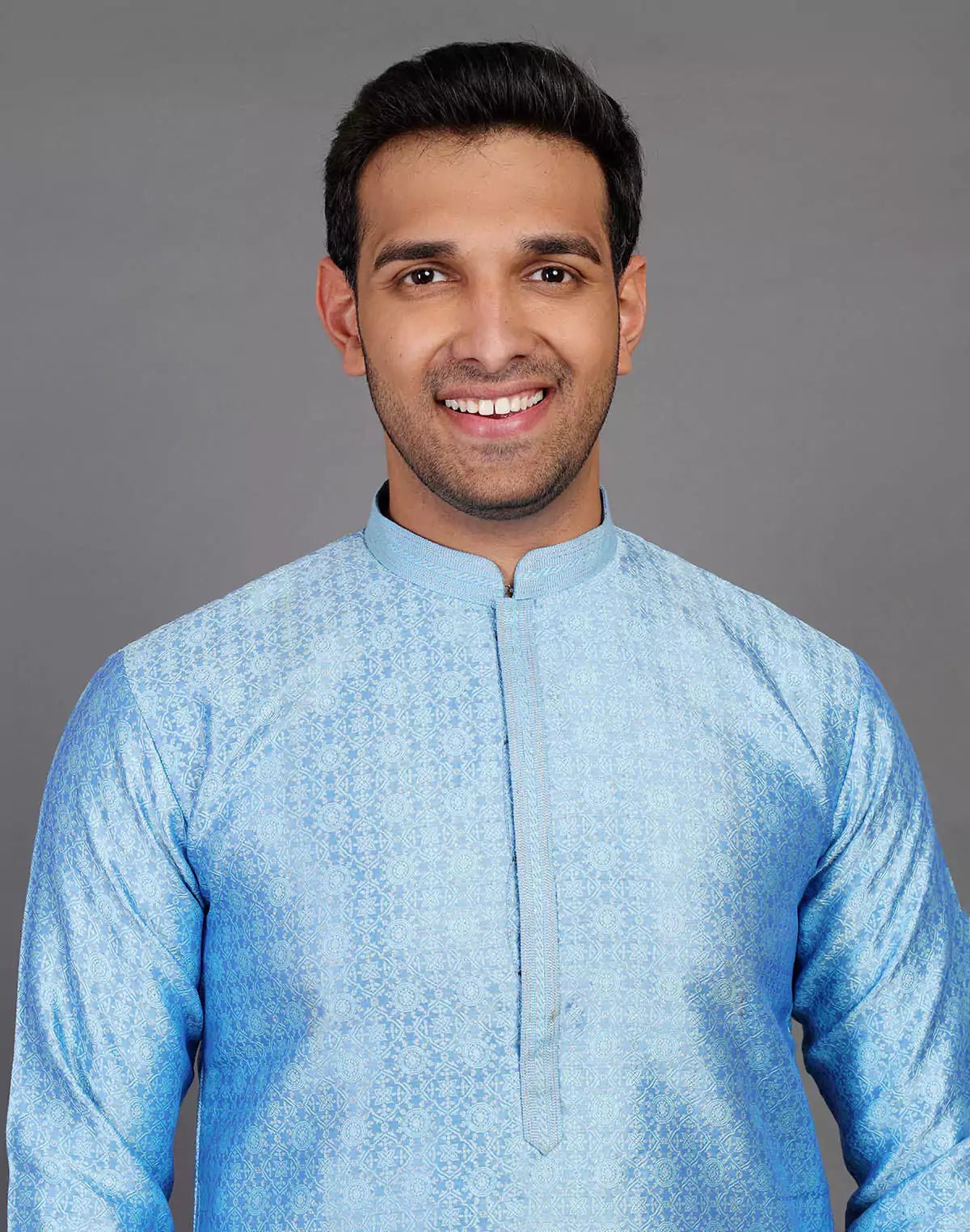 Image of Blue Self Floral Design Soft Silk Kurta Pajama Set - South India Shopping Mall