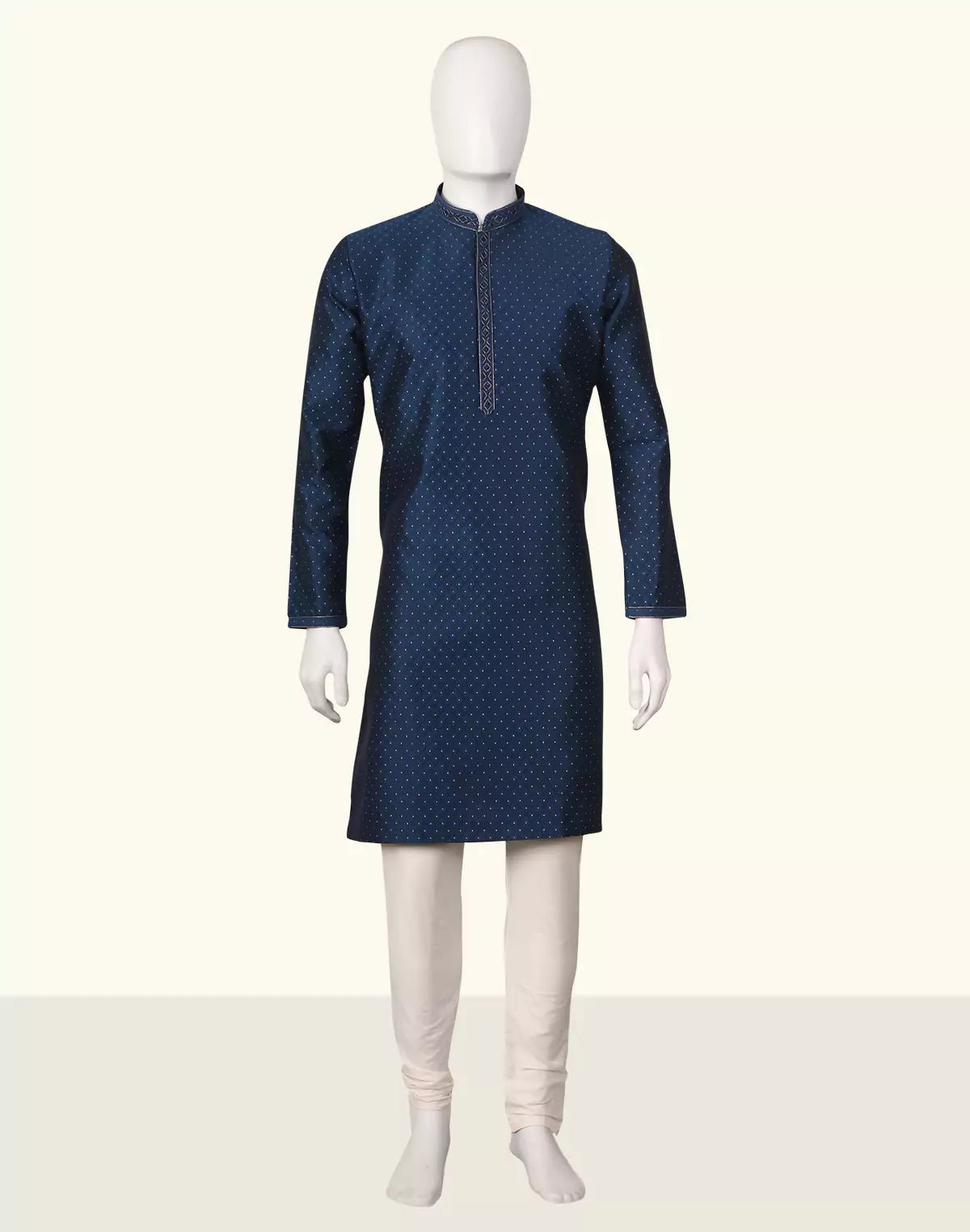 Image of Blue Self Patterned Weaving with Zari Booties Jacquard Kurta Pajama - South India Shopping Mall