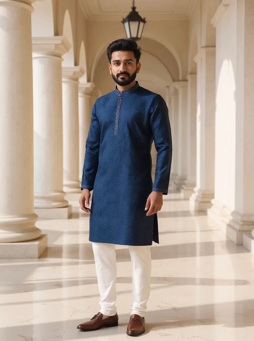 Image of Blue Self Patterned Weaving with Zari Booties Jacquard Kurta Pajama - South India Shopping Mall