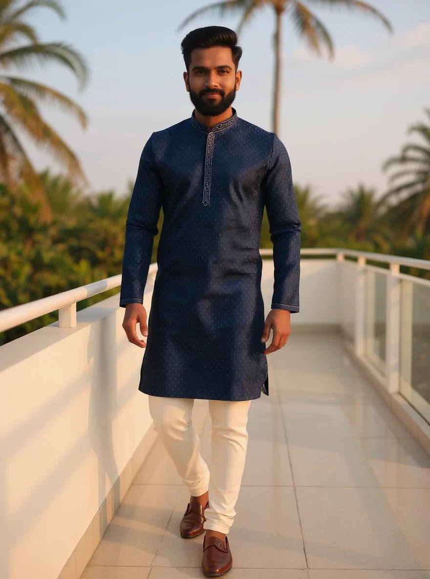 Image of Blue Self Patterned Weaving with Zari Booties Jacquard Kurta Pajama - South India Shopping Mall