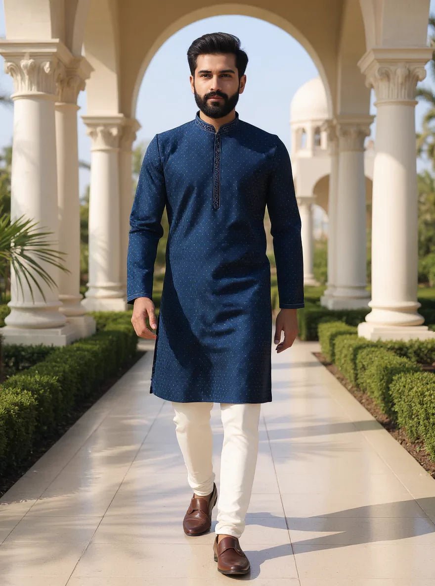 Image of Blue Self Patterned Weaving with Zari Booties Jacquard Kurta Pajama - South India Shopping Mall