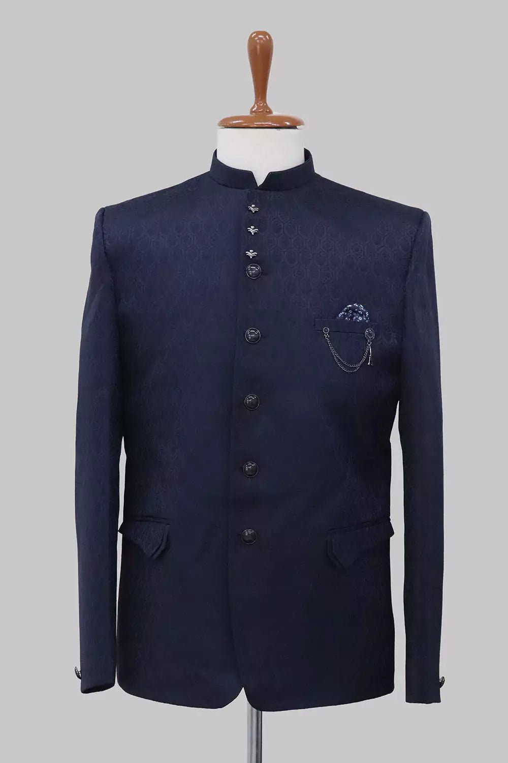 Image of Blue Self Weaved Jacquard Bandhgala Set - South India Shopping Mall