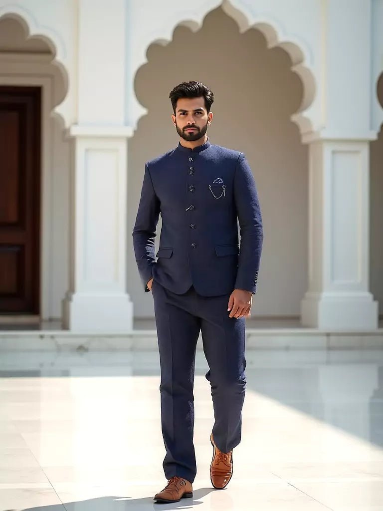 Image of Blue Self Weaved Jacquard Bandhgala Set - South India Shopping Mall