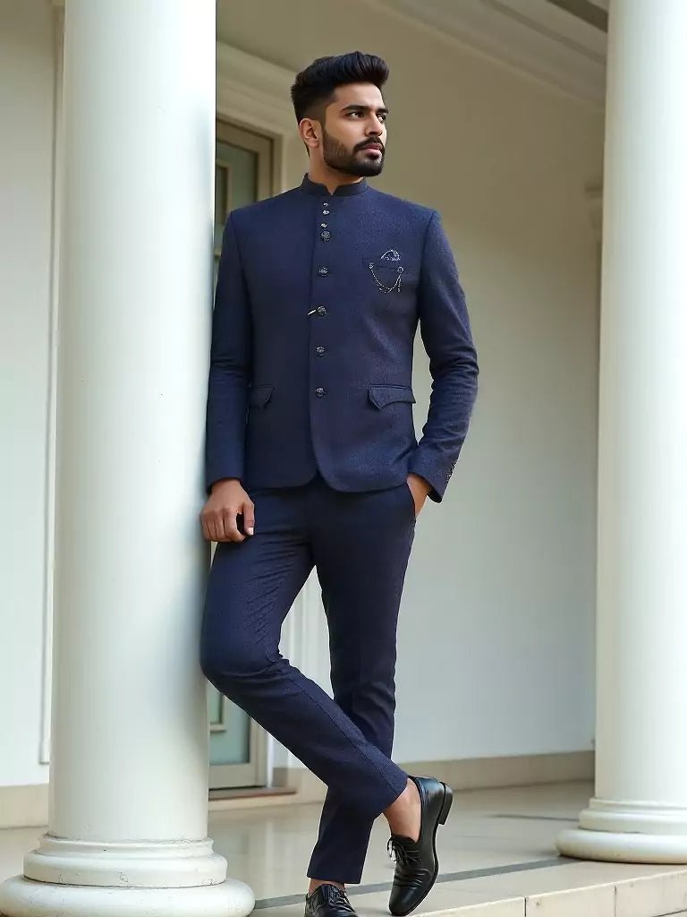 Image of Blue Self Weaved Jacquard Bandhgala Set - South India Shopping Mall