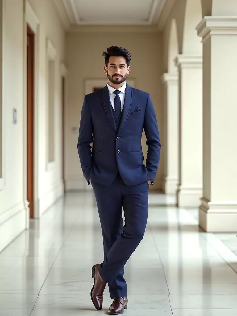 Image of Blue Textured Polyester Terry Cotton Party Wear 5 Pc Suit - South India Shopping Mall