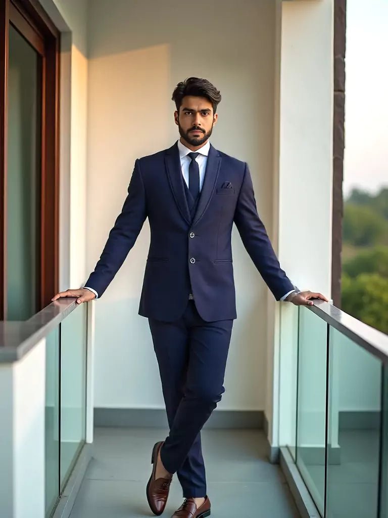 Image of Blue Textured Polyester Terry Cotton Party Wear 5 Pc Suit - South India Shopping Mall